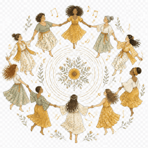 Mandala com roda de dança e notas musicais
